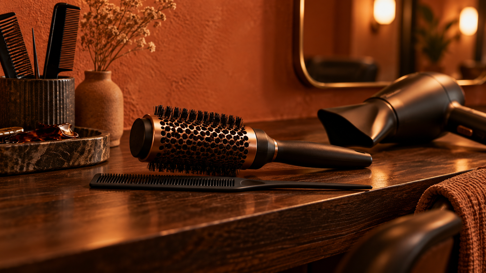 Illustrative still life of salon styling tools on a dark wood counter against a terracotta wall in warm light